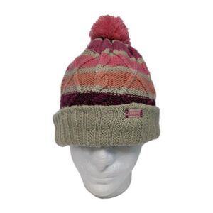 Levi's Beanie Hat Stripes Youth 7-16 Cable Knit Pinks & Beige Pom Pom Ribbed
